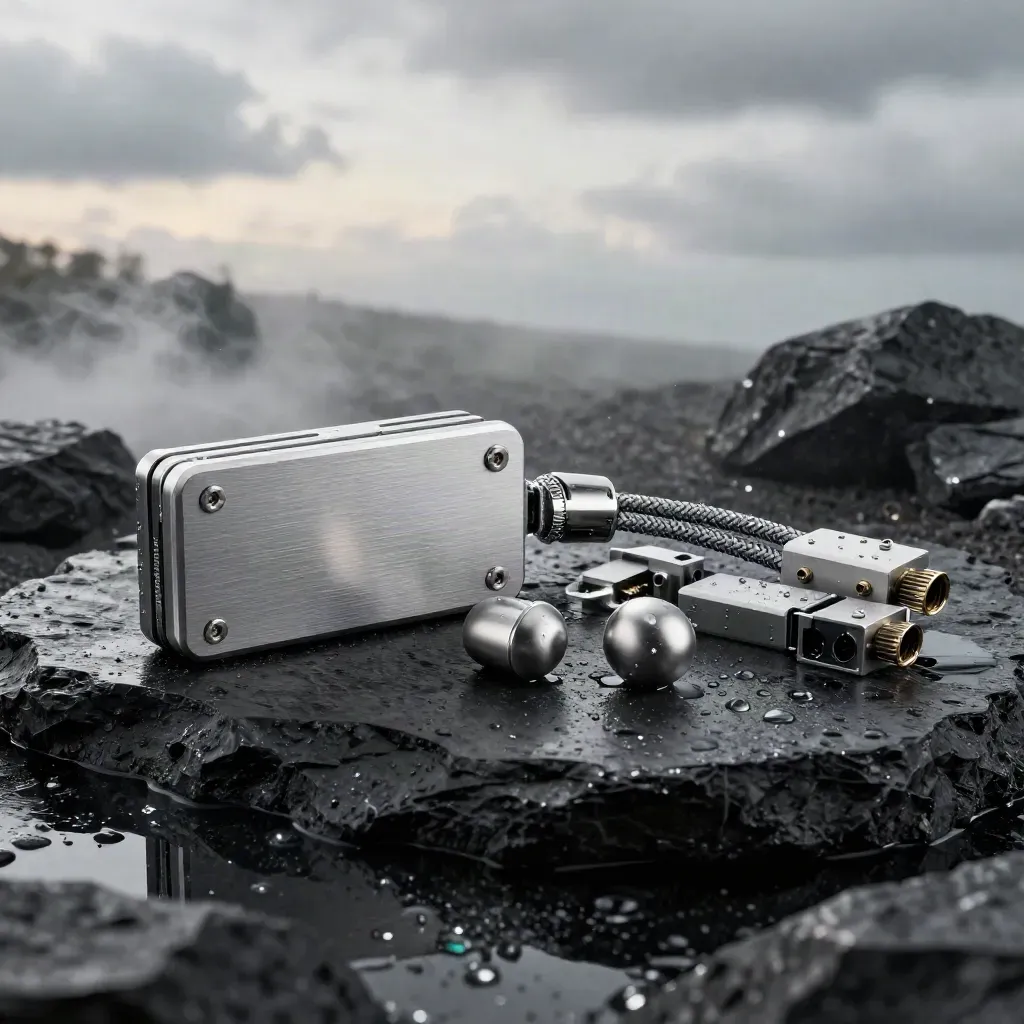 Hardware wallet core with seed capsules and tether on wet basalt in dawn mist.