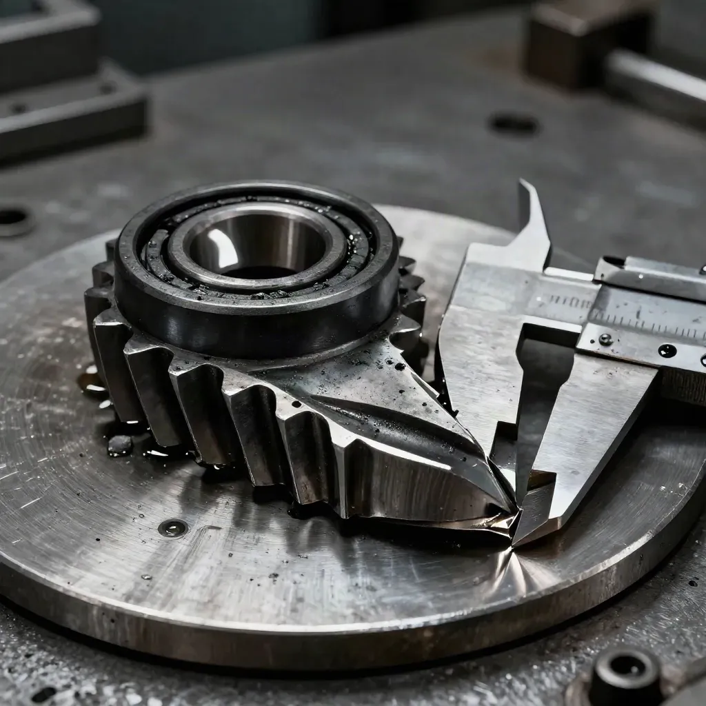Close-up of machined steel gear teeth, a bearing race, and a caliper jaw on an oily metal plate.