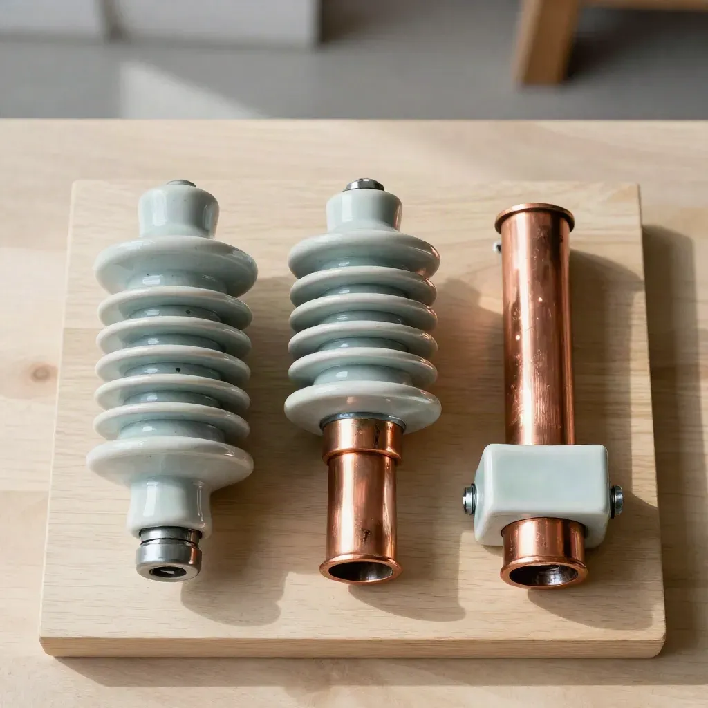 Porcelain insulators, copper busbar, and terminal block on pale wood in soft daylight.