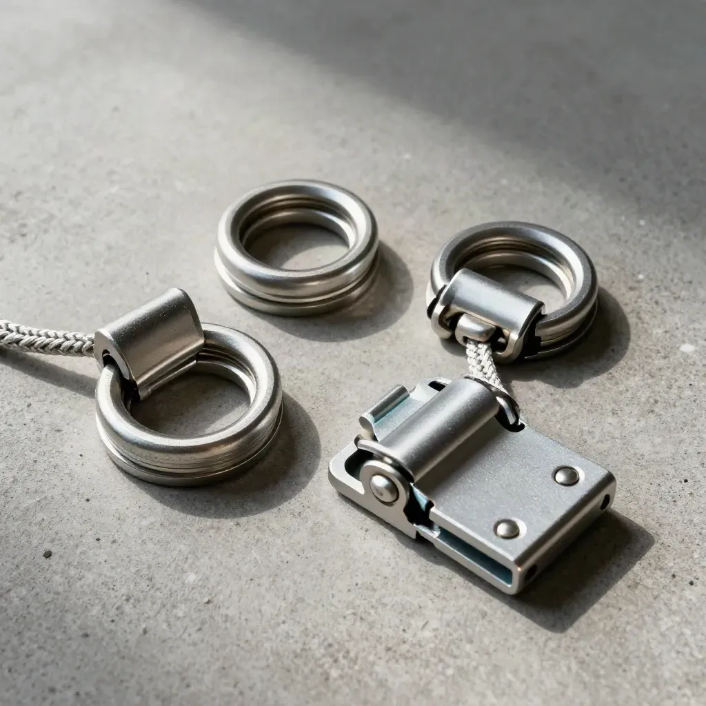 Overhead macro of cargo seals, braided tether and a half-open crate latch on brushed concrete.