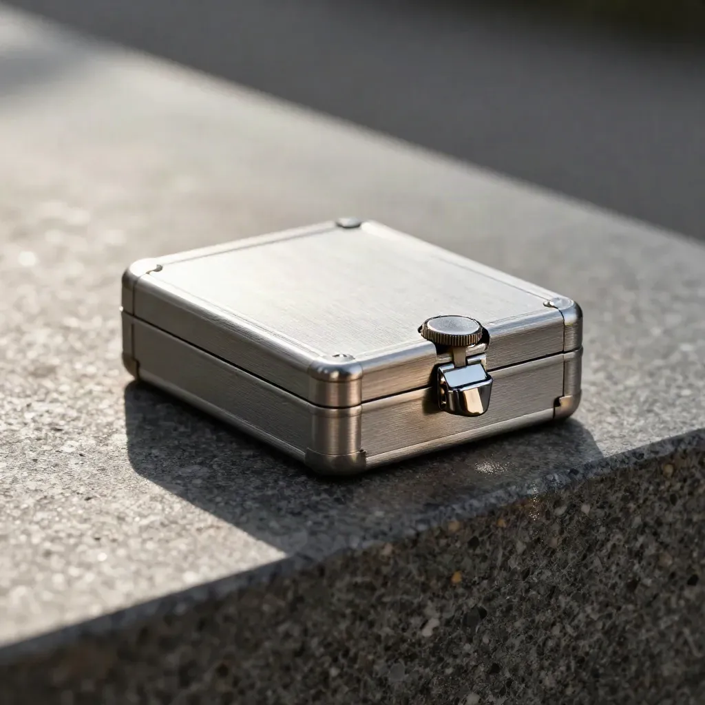Brushed bullion case, balance weight, and assay capsule on a stone ledge in soft macro light.