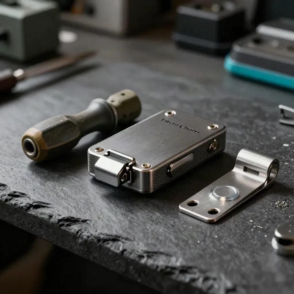 Validator key module with hex driver and sealed backup capsule on a dark workshop shelf.