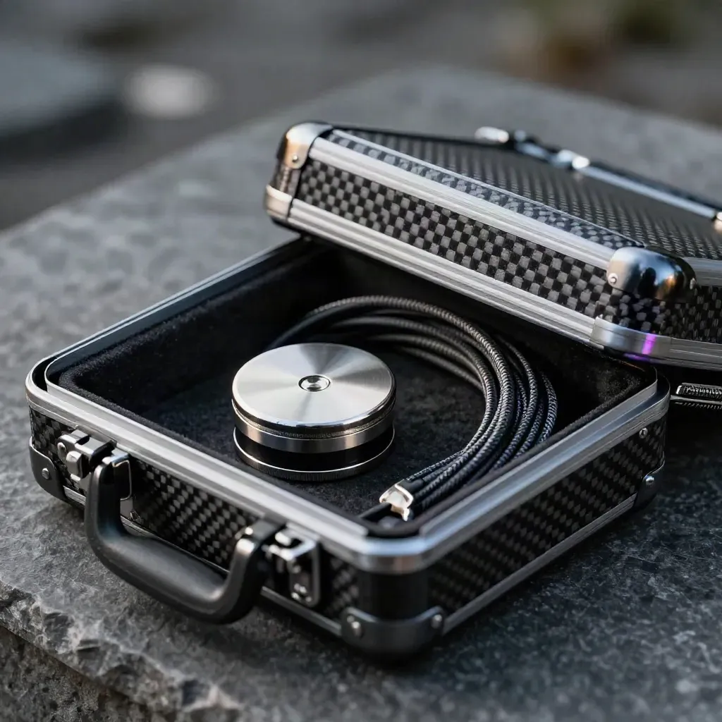 Carbon-fibre case, stainless puck and rolled cable in a felt tray on dark stone