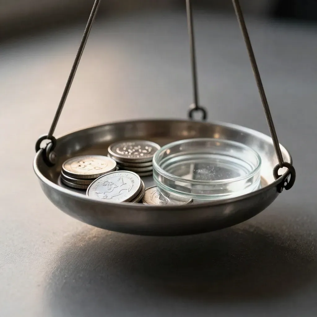 Stainless scale pan with coin capsules and inspection dish on dark brushed metal.