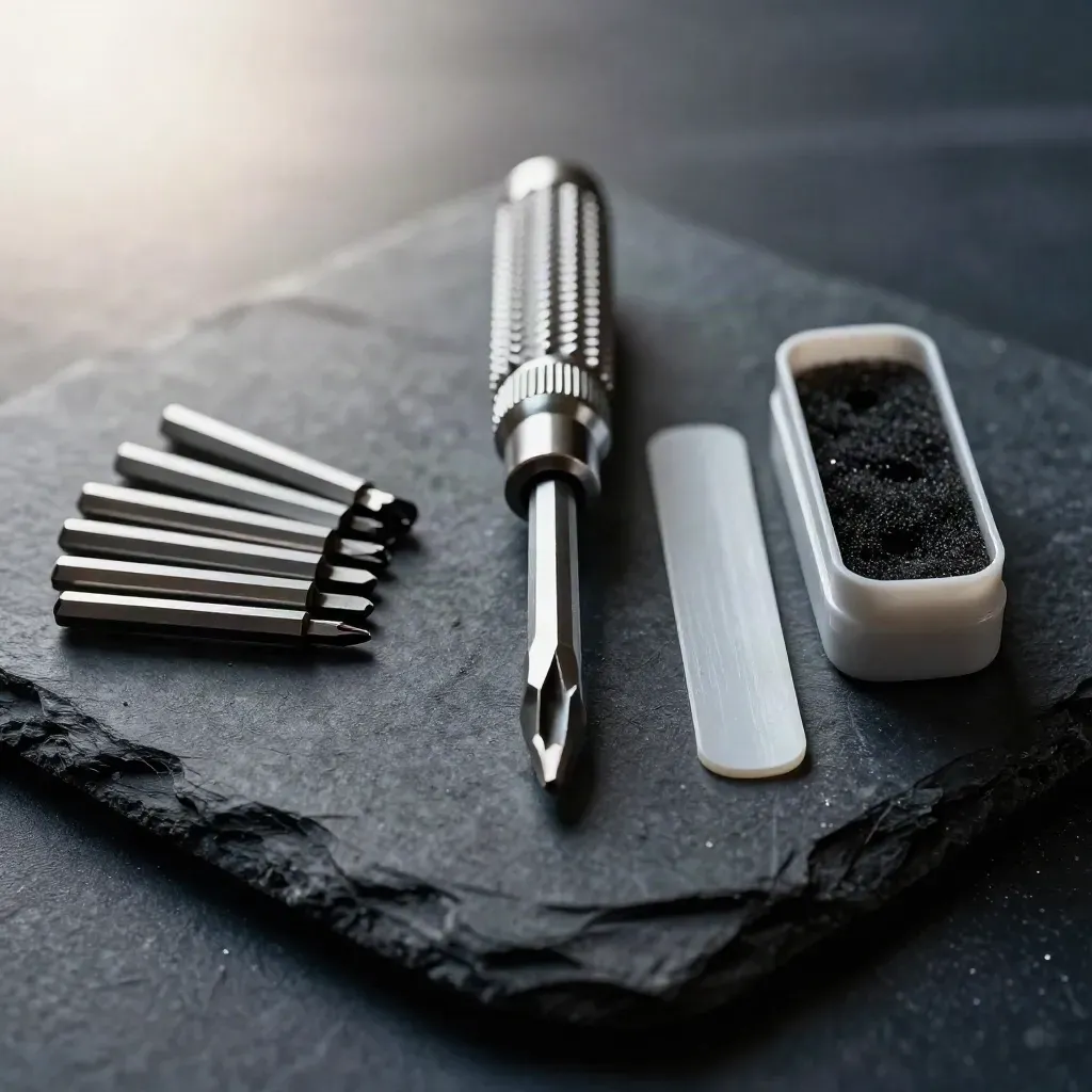 Macro still life of a screwdriver, hex keys and tamper seal on dark slate.