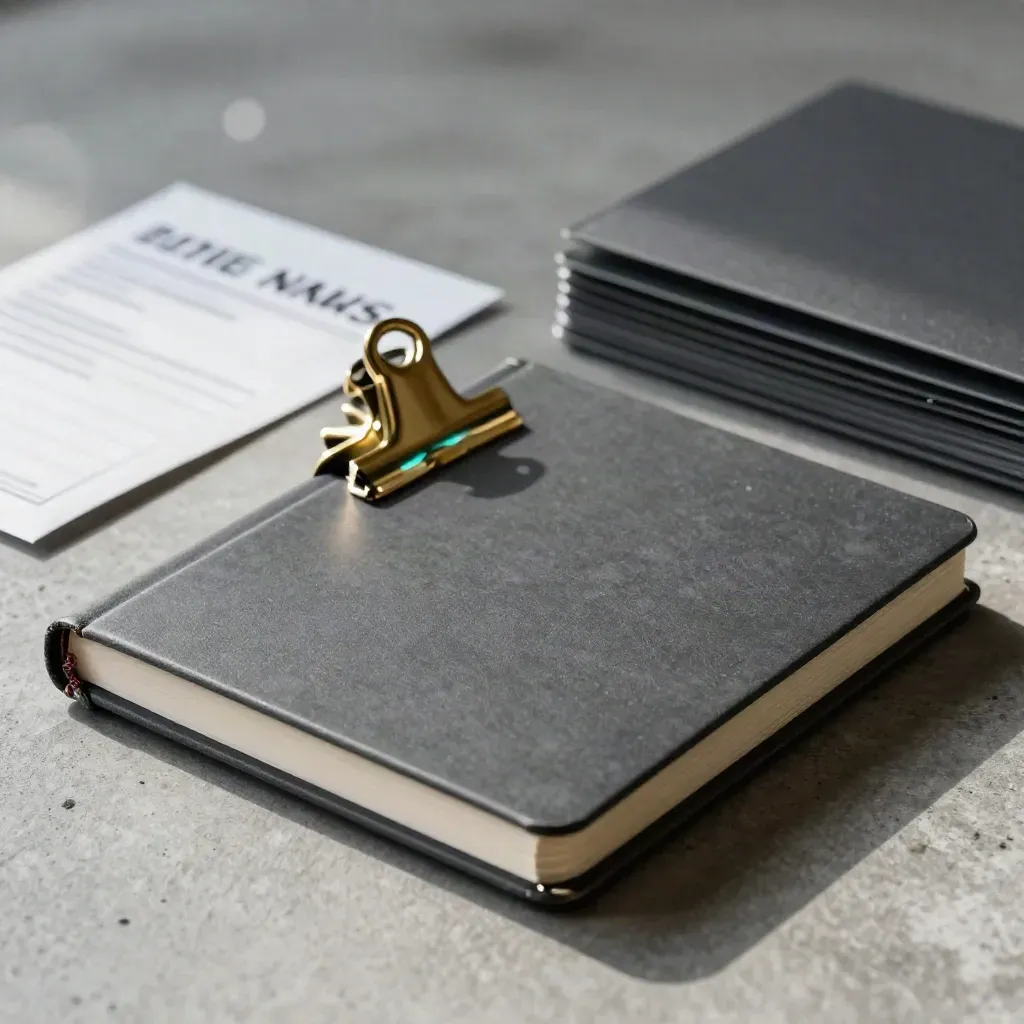 Matte notebook, brass clip, and archive sleeves on a dark desk under dramatic studio light.