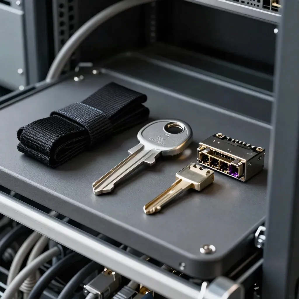 Server key, anti-static strap, and connector blocks on a graphite tray, seen through acrylic and cable loops.