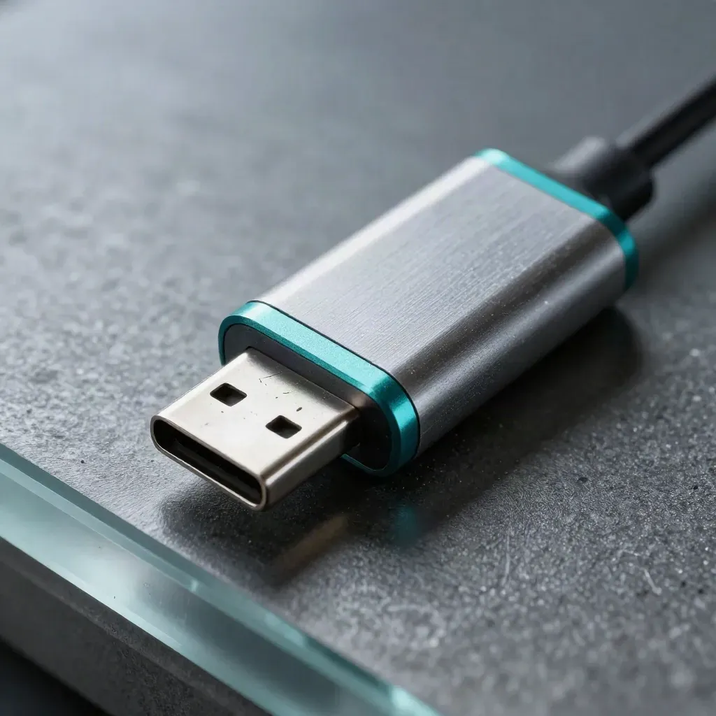 Macro still life of a hardware token, USB-C adapter, and pin-header block on graphite.