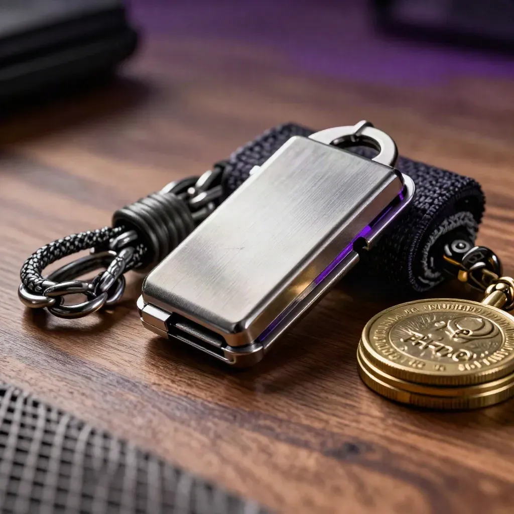 Macro still life of a metal key case, cable sleeve and brass coin case on warm walnut.