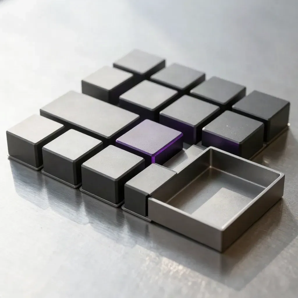 Matte graphite blocks and a connector tray on brushed metal, lit by soft daylight